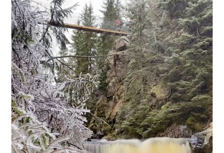BJØRNSJØHELVETE: Denne hengebrua – 22 meter lang og 13 meter høy – sørget Sindre Langaas for å redde som et kulturminne og turmål for mange som bruker Nordmarka. FOTO: PRIVAT